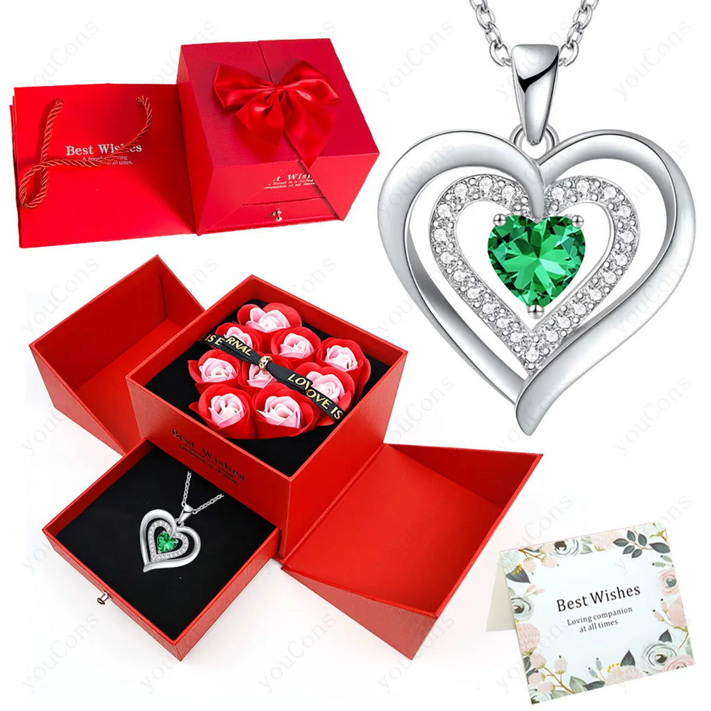 Heart Zircon Necklace Pendant With Rose Bow Gift Box 2025 Jewelry Set For Girlfriend Wife Valentine Christmas Birthday Surprise