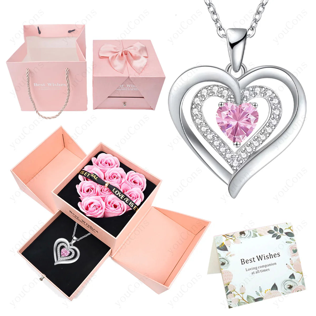 Heart Zircon Necklace Pendant With Rose Bow Gift Box 2025 Jewelry Set For Girlfriend Wife Valentine Christmas Birthday Surprise