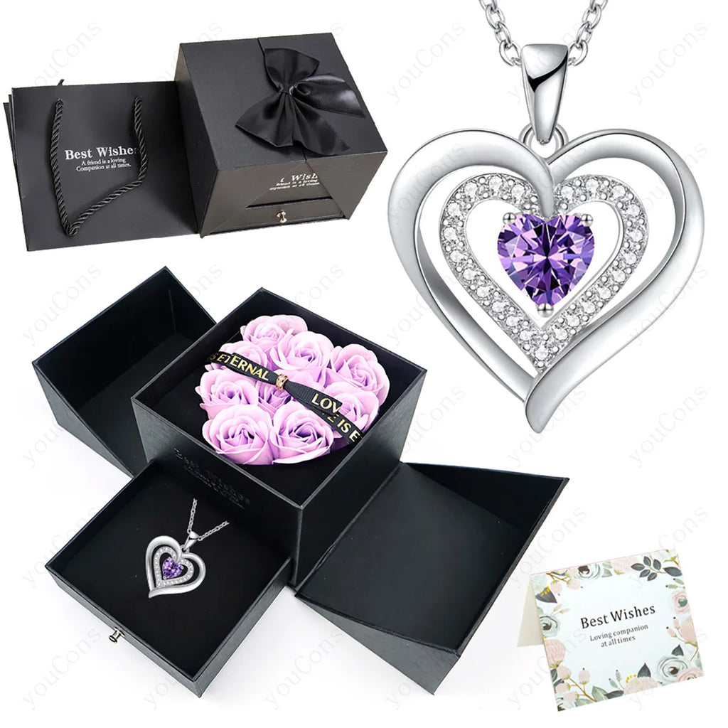 Heart Zircon Necklace Pendant With Rose Bow Gift Box 2025 Jewelry Set For Girlfriend Wife Valentine Christmas Birthday Surprise