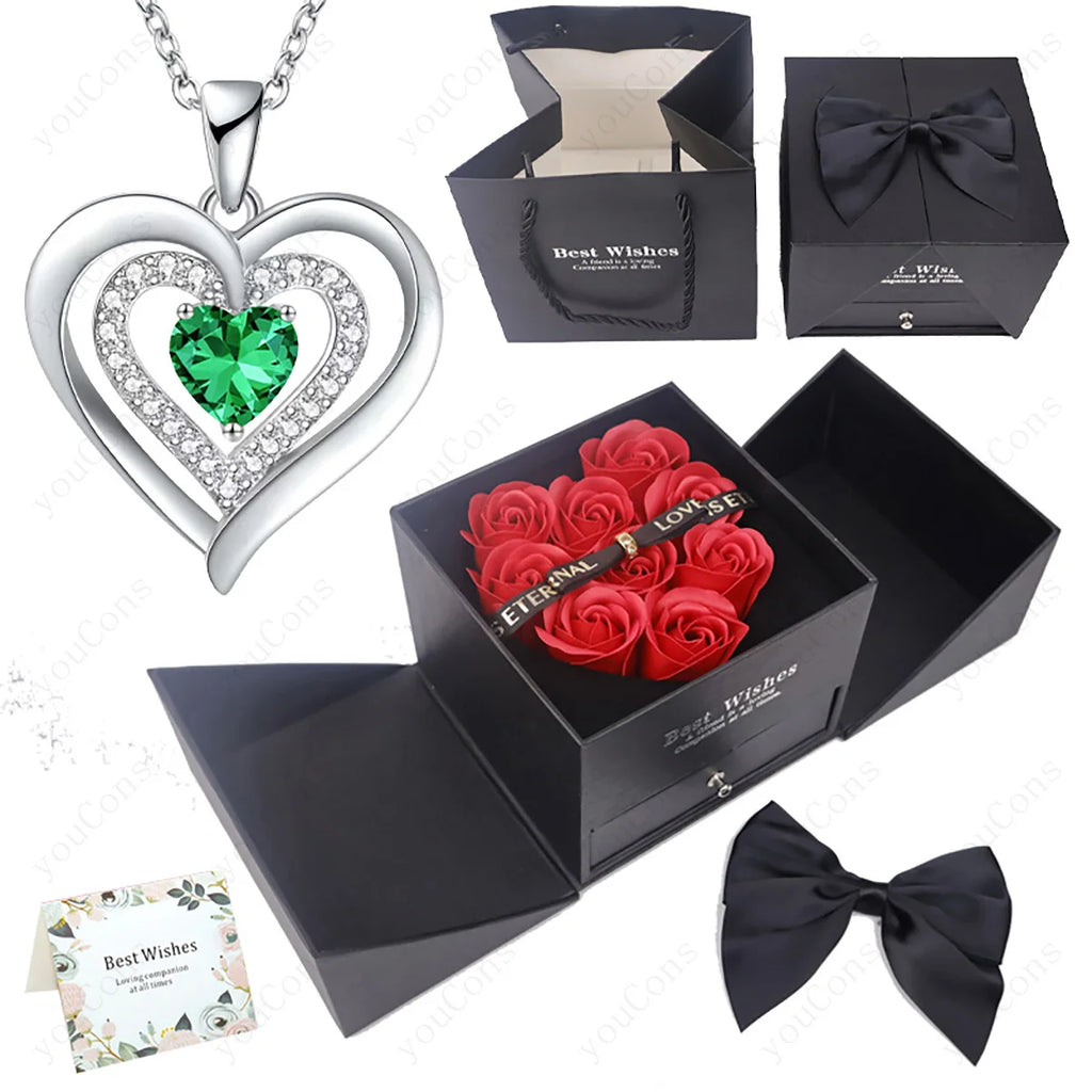 Heart Zircon Necklace Pendant With Rose Bow Gift Box 2025 Jewelry Set For Girlfriend Wife Valentine Christmas Birthday Surprise