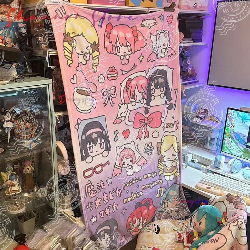 Anime Peripheral Soft Fleece Cute Daily Use Puella Magi Madoka Magica Flannel Nap Blanket - Chibi Character Design Girlish