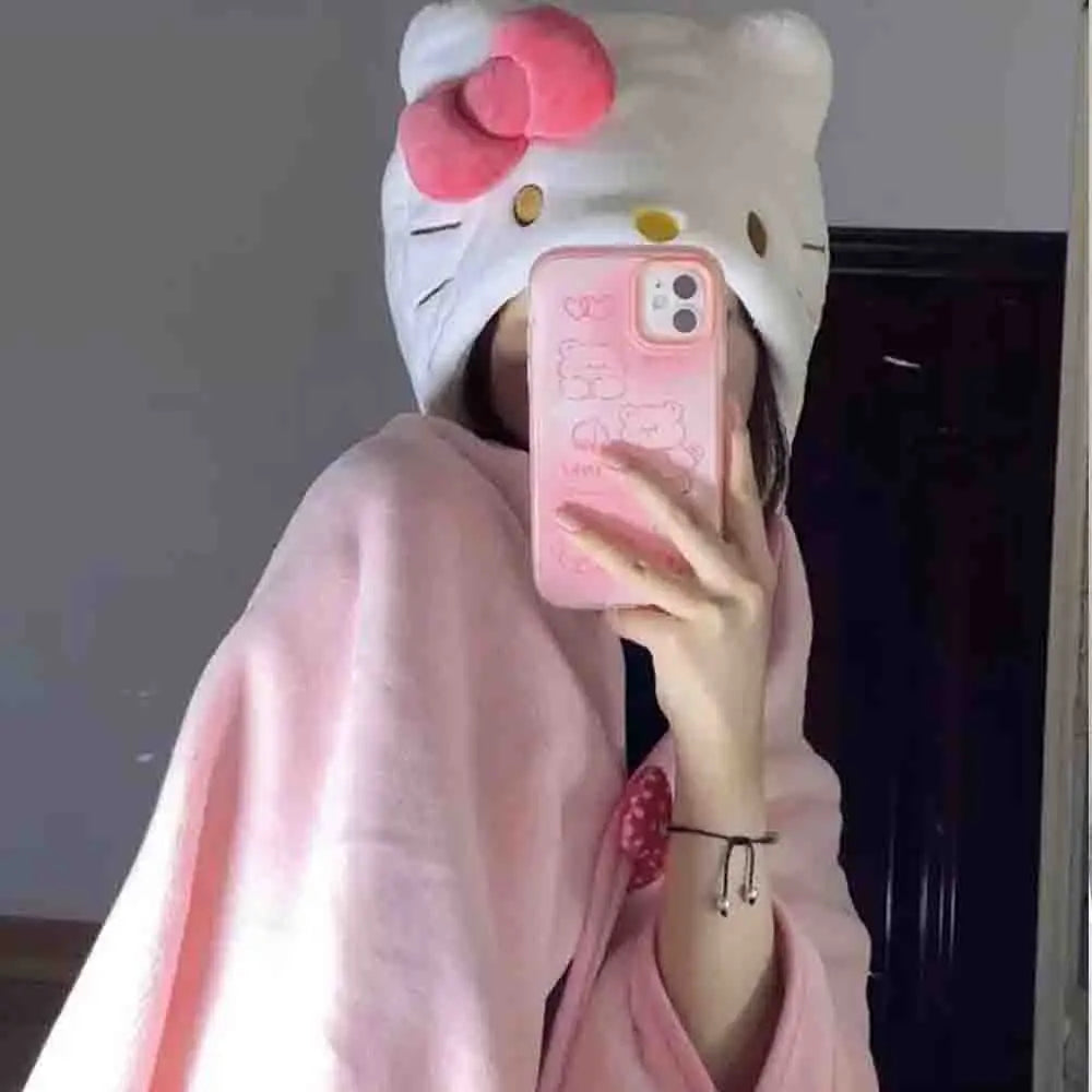 Cute Hellokitty Cloak Shawl Air Conditioning Blanket Hooded Student Dormitories Office Blanket Home Furnishings for Homemakers