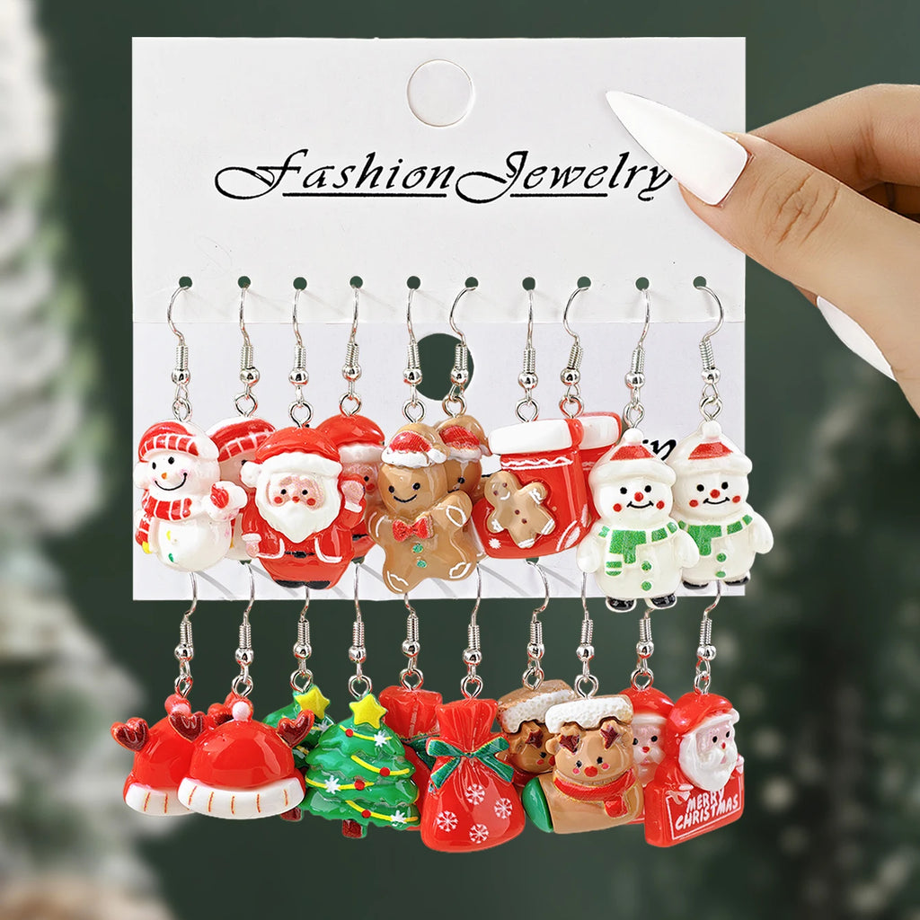 Creative Cute Cartoon Santa Claus Christmas Tree Gingerbread Man Reindeer Earrings Ladies Daily Christmas Gift Giving Set