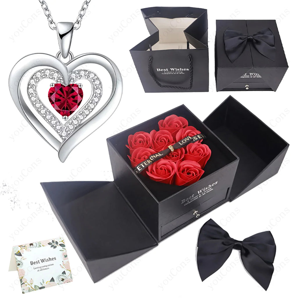 Heart Zircon Necklace Pendant With Rose Bow Gift Box 2025 Jewelry Set For Girlfriend Wife Valentine Christmas Birthday Surprise
