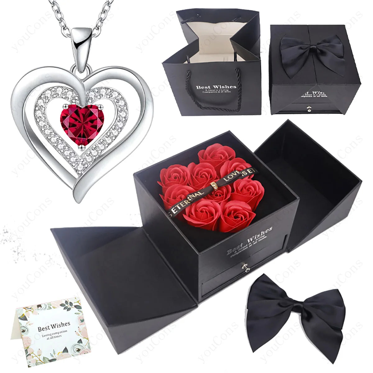 Heart Zircon Necklace Pendant With Rose Bow Gift Box 2025 Jewelry Set For Girlfriend Wife Valentine Christmas Birthday Surprise