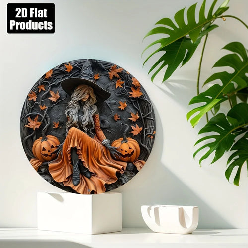 2D Flat Print, 1-Piece Set, Round Aluminum Sign Wall Art, Vintage Metal Sign, Witch Theme, Suitable for Bar, Kitchen, Cafe, Home, Living Room, Office Decoration, Party Decoration, Halloween Gift, Christmas Gift, 20.32X 20.32cm