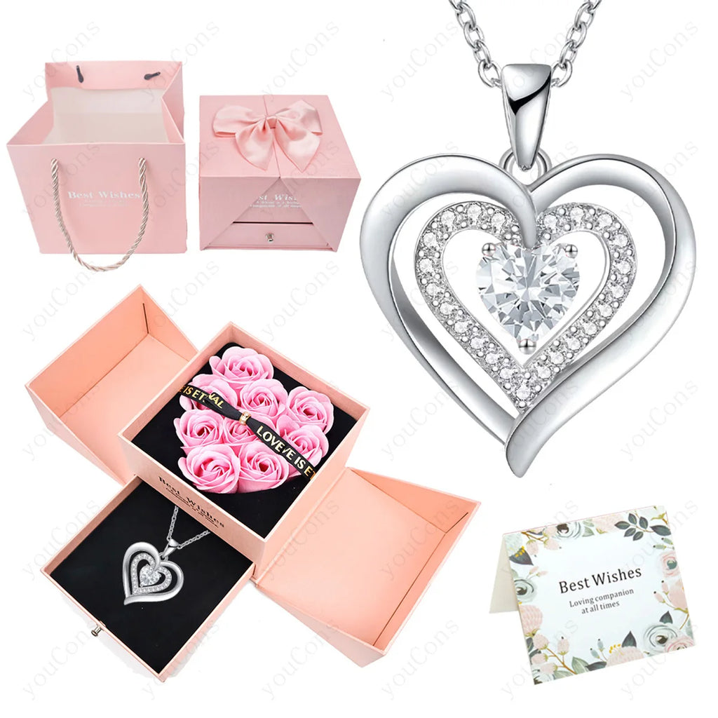 Heart Zircon Necklace Pendant With Rose Bow Gift Box 2025 Jewelry Set For Girlfriend Wife Valentine Christmas Birthday Surprise