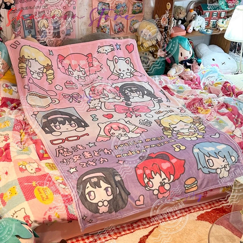 Anime Peripheral Soft Fleece Cute Daily Use Puella Magi Madoka Magica Flannel Nap Blanket - Chibi Character Design Girlish