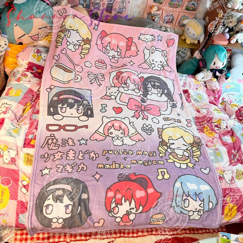 Anime Peripheral Soft Fleece Cute Daily Use Puella Magi Madoka Magica Flannel Nap Blanket - Chibi Character Design Girlish