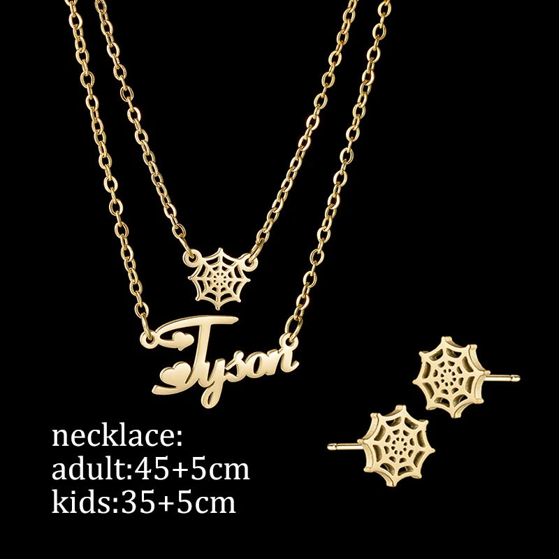 Customized Name Spider Web Necklace Earring Jewelry Sets for Women Kids Couples Stainless Steel Personalized Net Christmas Gift