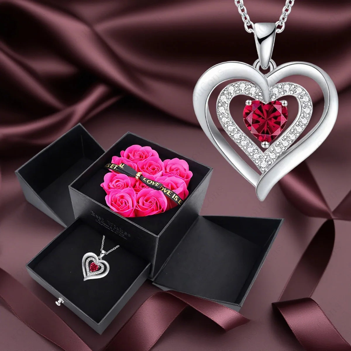 Heart Zircon Necklace Pendant With Rose Bow Gift Box 2025 Jewelry Set For Girlfriend Wife Valentine Christmas Birthday Surprise