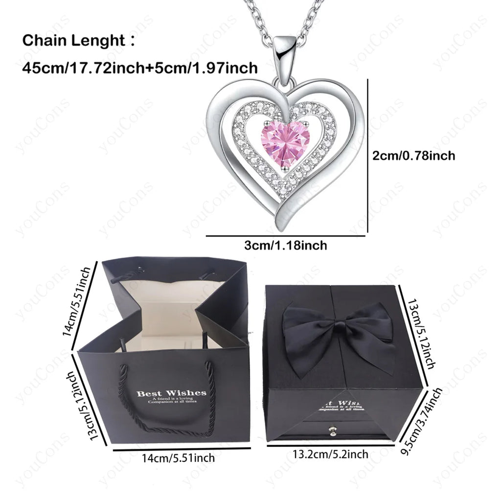 Heart Zircon Necklace Pendant With Rose Bow Gift Box 2025 Jewelry Set For Girlfriend Wife Valentine Christmas Birthday Surprise