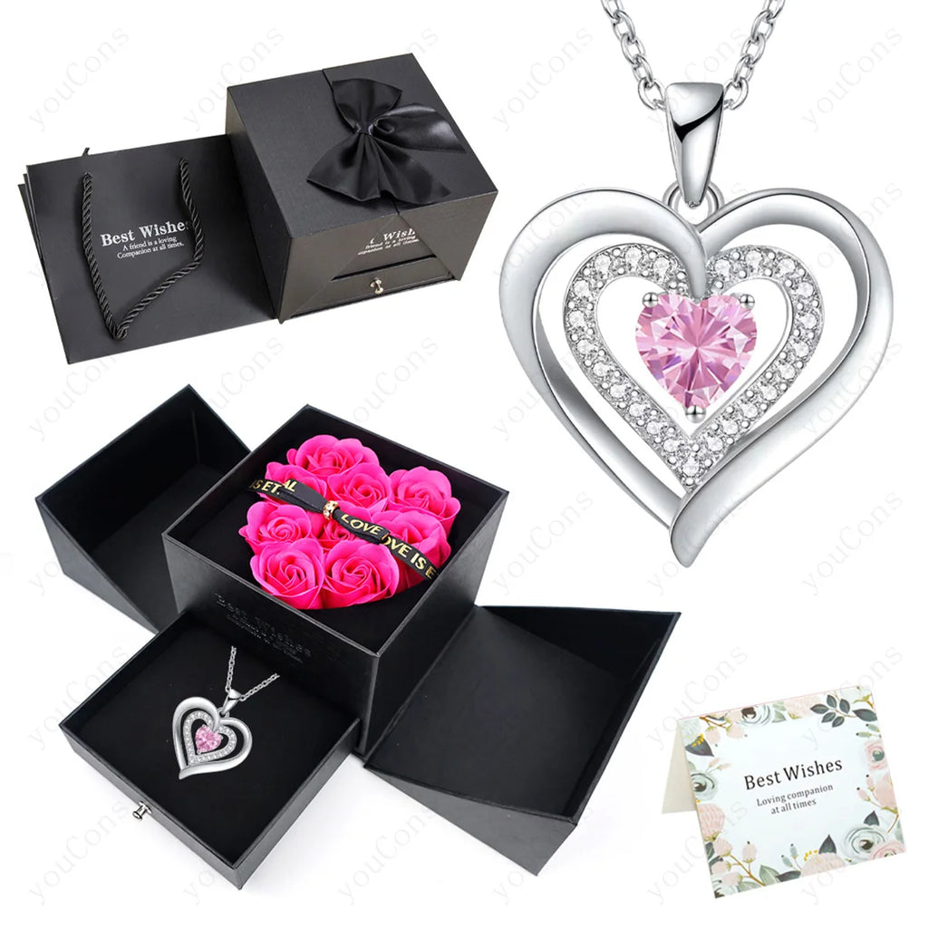 Heart Zircon Necklace Pendant With Rose Bow Gift Box 2025 Jewelry Set For Girlfriend Wife Valentine Christmas Birthday Surprise