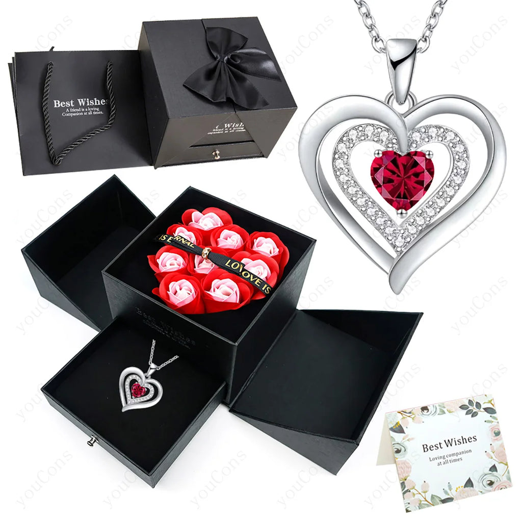 Heart Zircon Necklace Pendant With Rose Bow Gift Box 2025 Jewelry Set For Girlfriend Wife Valentine Christmas Birthday Surprise