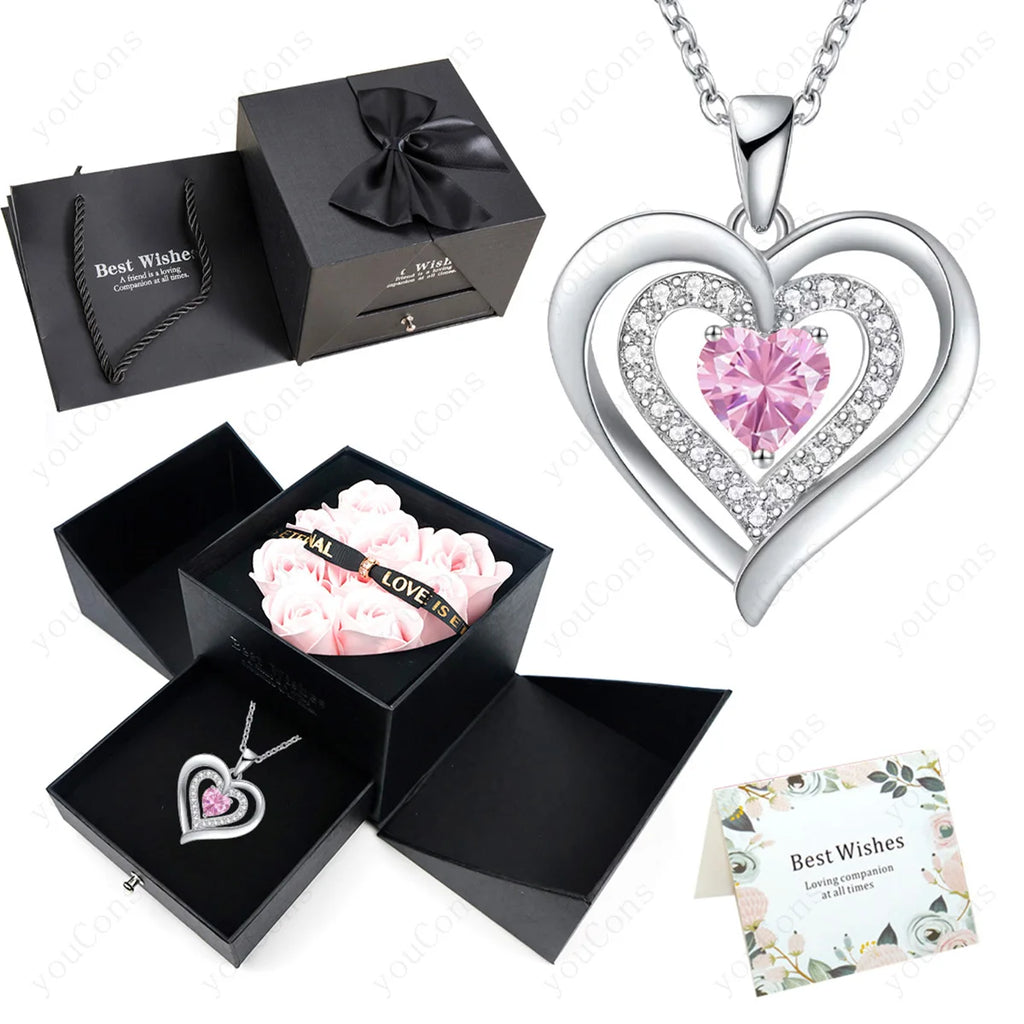 Heart Zircon Necklace Pendant With Rose Bow Gift Box 2025 Jewelry Set For Girlfriend Wife Valentine Christmas Birthday Surprise