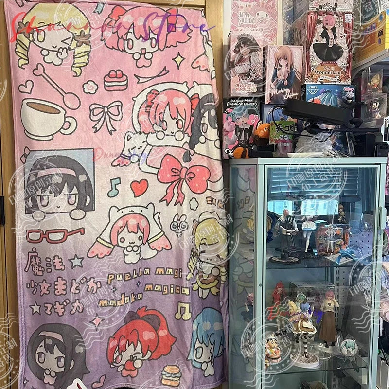 Anime Peripheral Soft Fleece Cute Daily Use Puella Magi Madoka Magica Flannel Nap Blanket - Chibi Character Design Girlish