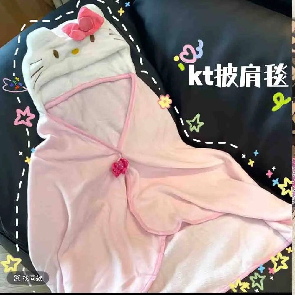 Cute Hellokitty Cloak Shawl Air Conditioning Blanket Hooded Student Dormitories Office Blanket Home Furnishings for Homemakers