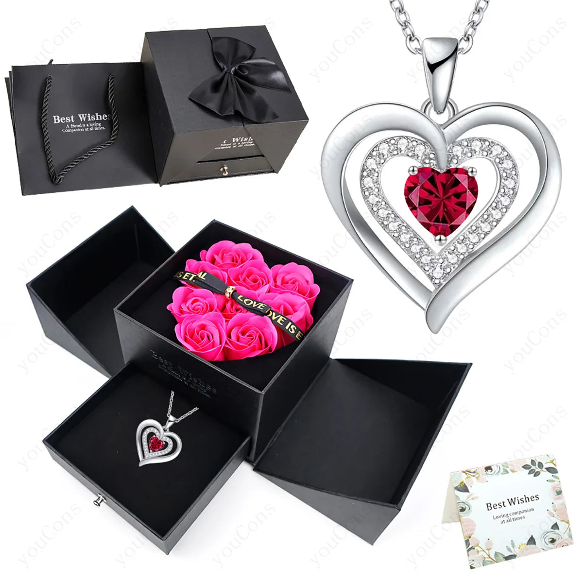 Heart Zircon Necklace Pendant With Rose Bow Gift Box 2025 Jewelry Set For Girlfriend Wife Valentine Christmas Birthday Surprise