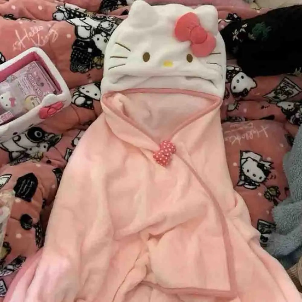 Cute Hellokitty Cloak Shawl Air Conditioning Blanket Hooded Student Dormitories Office Blanket Home Furnishings for Homemakers