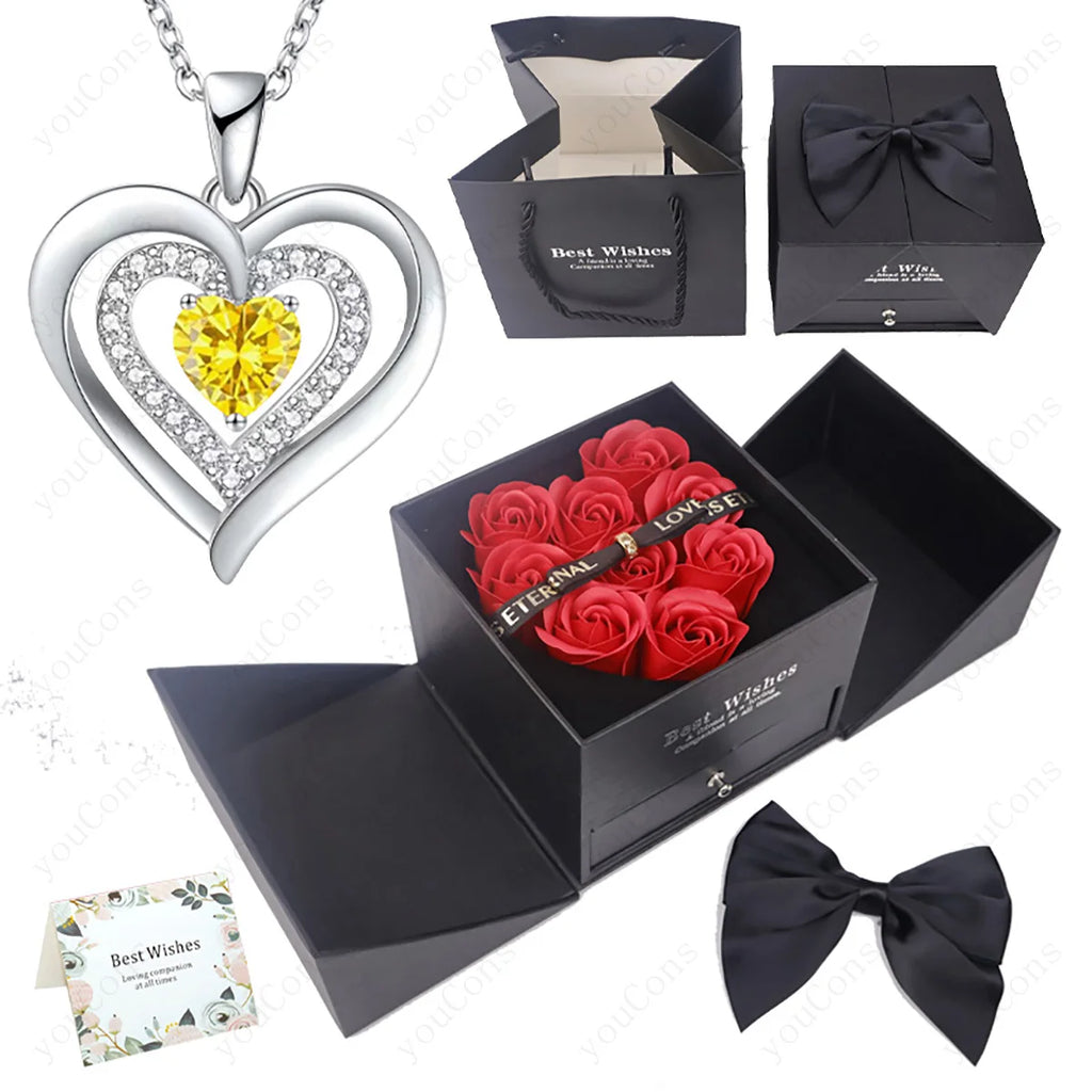 Heart Zircon Necklace Pendant With Rose Bow Gift Box 2025 Jewelry Set For Girlfriend Wife Valentine Christmas Birthday Surprise