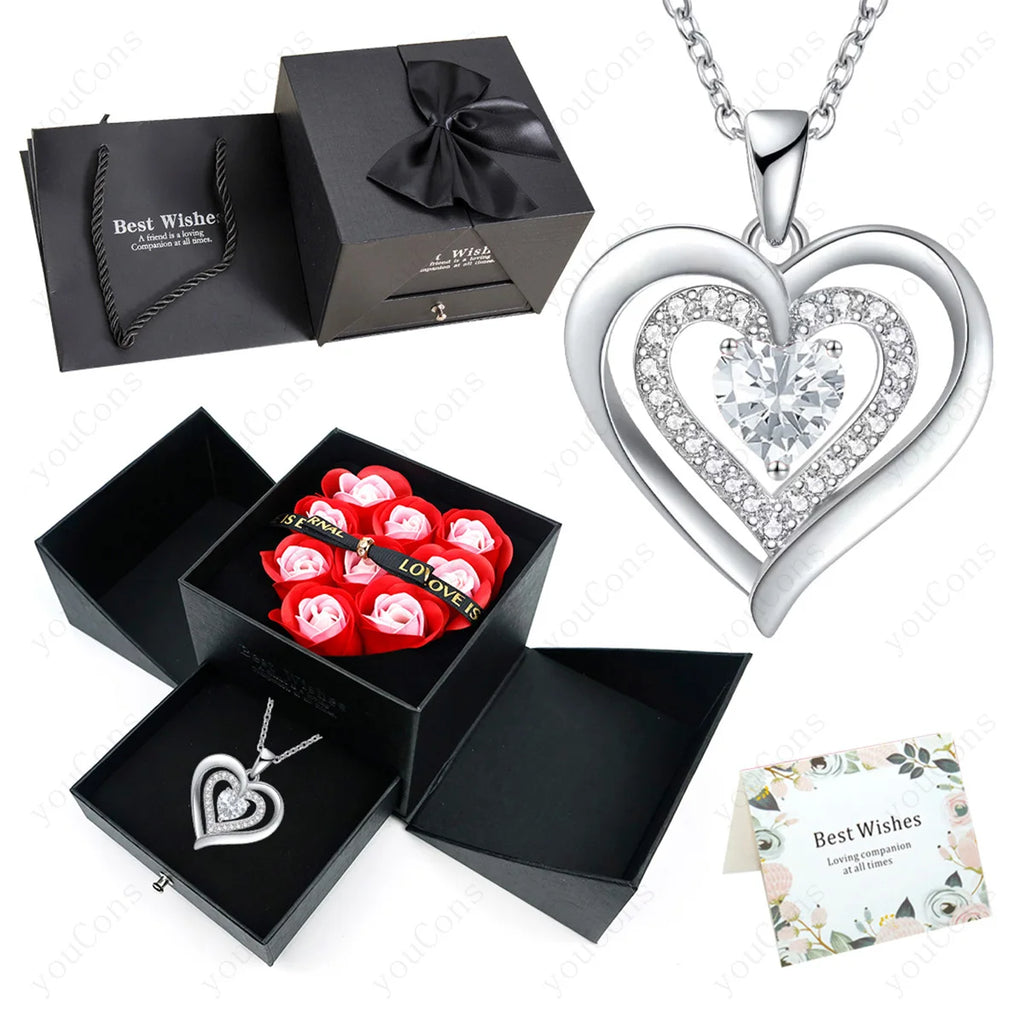 Heart Zircon Necklace Pendant With Rose Bow Gift Box 2025 Jewelry Set For Girlfriend Wife Valentine Christmas Birthday Surprise