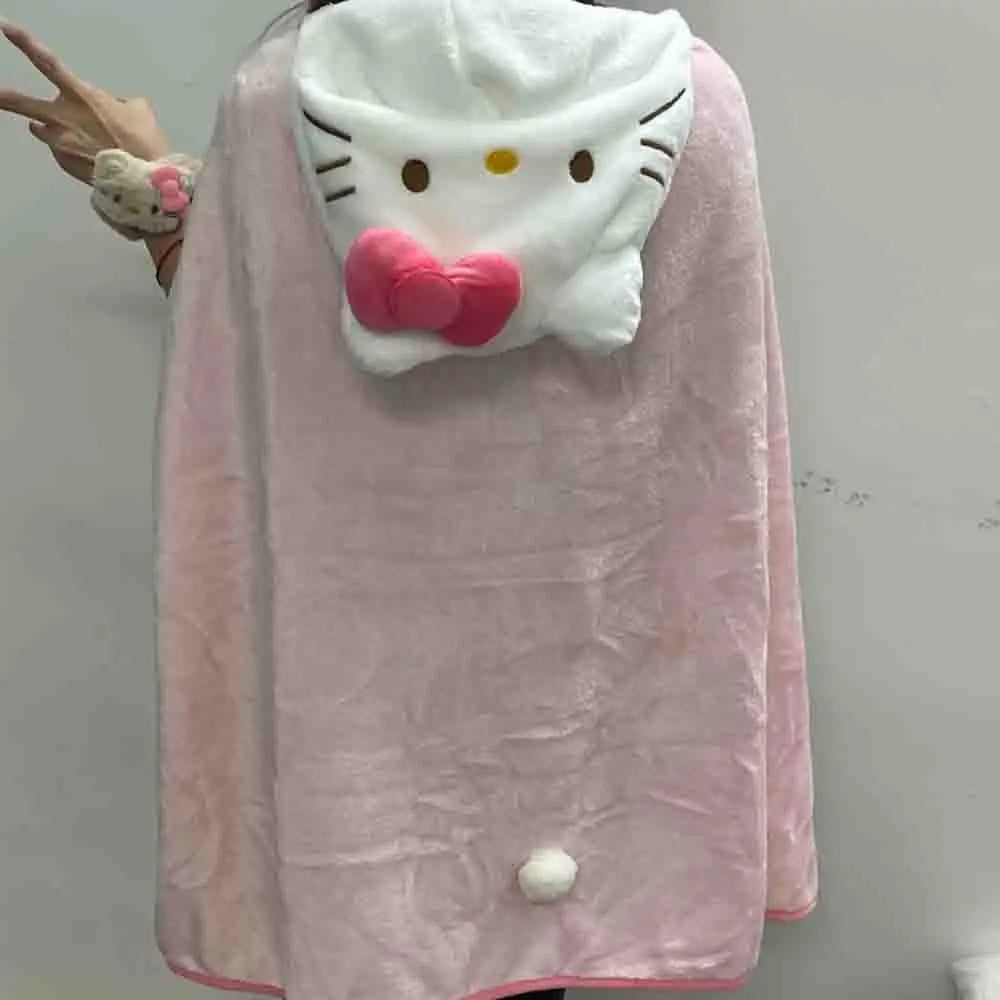 Cute Hellokitty Cloak Shawl Air Conditioning Blanket Hooded Student Dormitories Office Blanket Home Furnishings for Homemakers