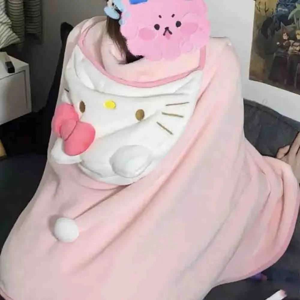 Cute Hellokitty Cloak Shawl Air Conditioning Blanket Hooded Student Dormitories Office Blanket Home Furnishings for Homemakers