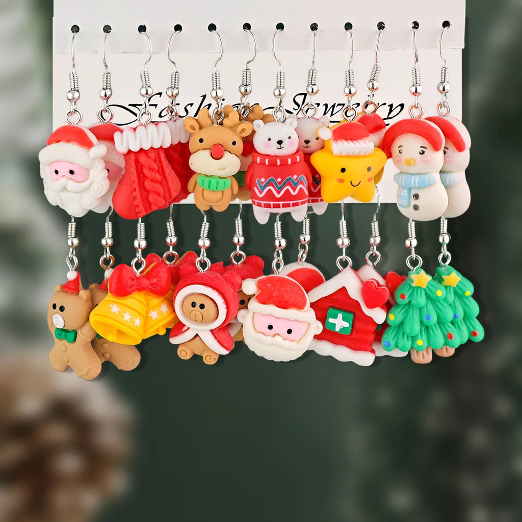 Creative Cute Cartoon Santa Claus Christmas Tree Gingerbread Man Reindeer Earrings Ladies Daily Christmas Gift Giving Set