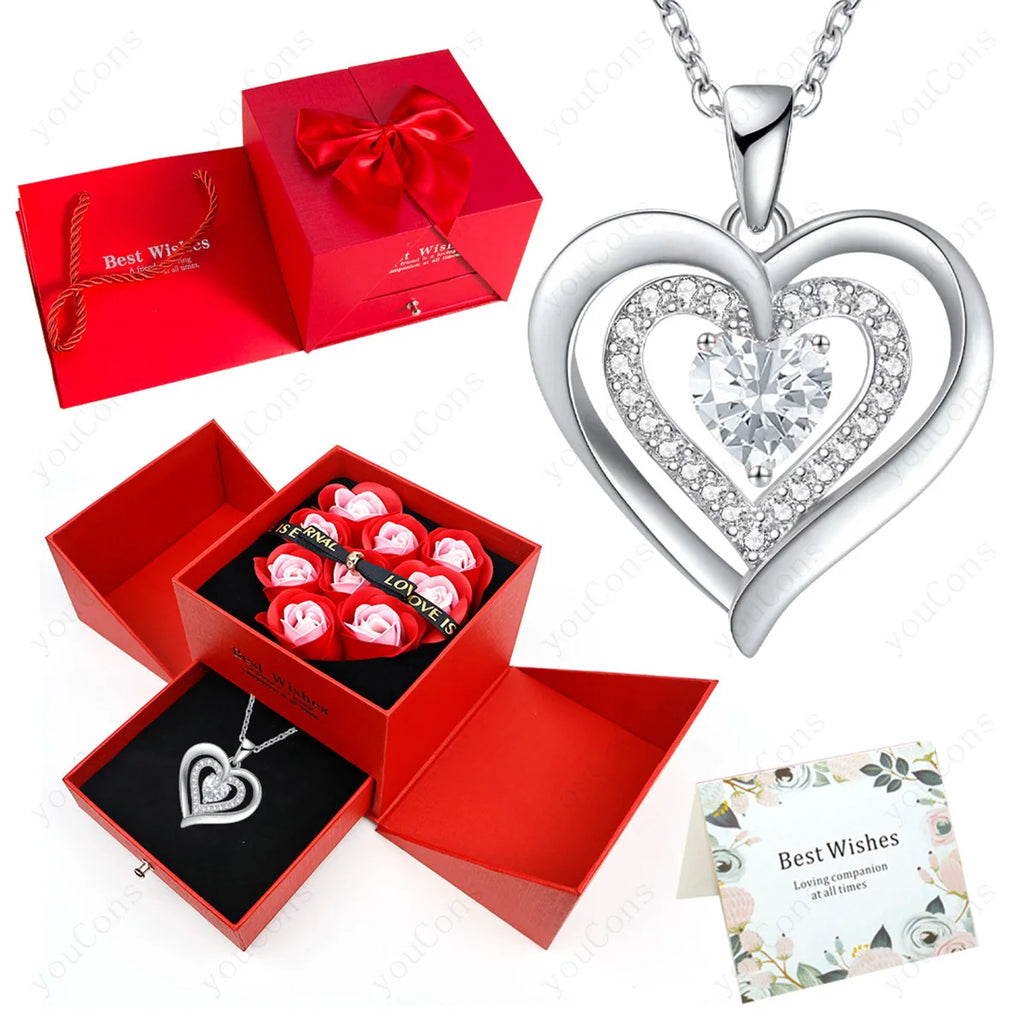 Heart Zircon Necklace Pendant With Rose Bow Gift Box 2025 Jewelry Set For Girlfriend Wife Valentine Christmas Birthday Surprise