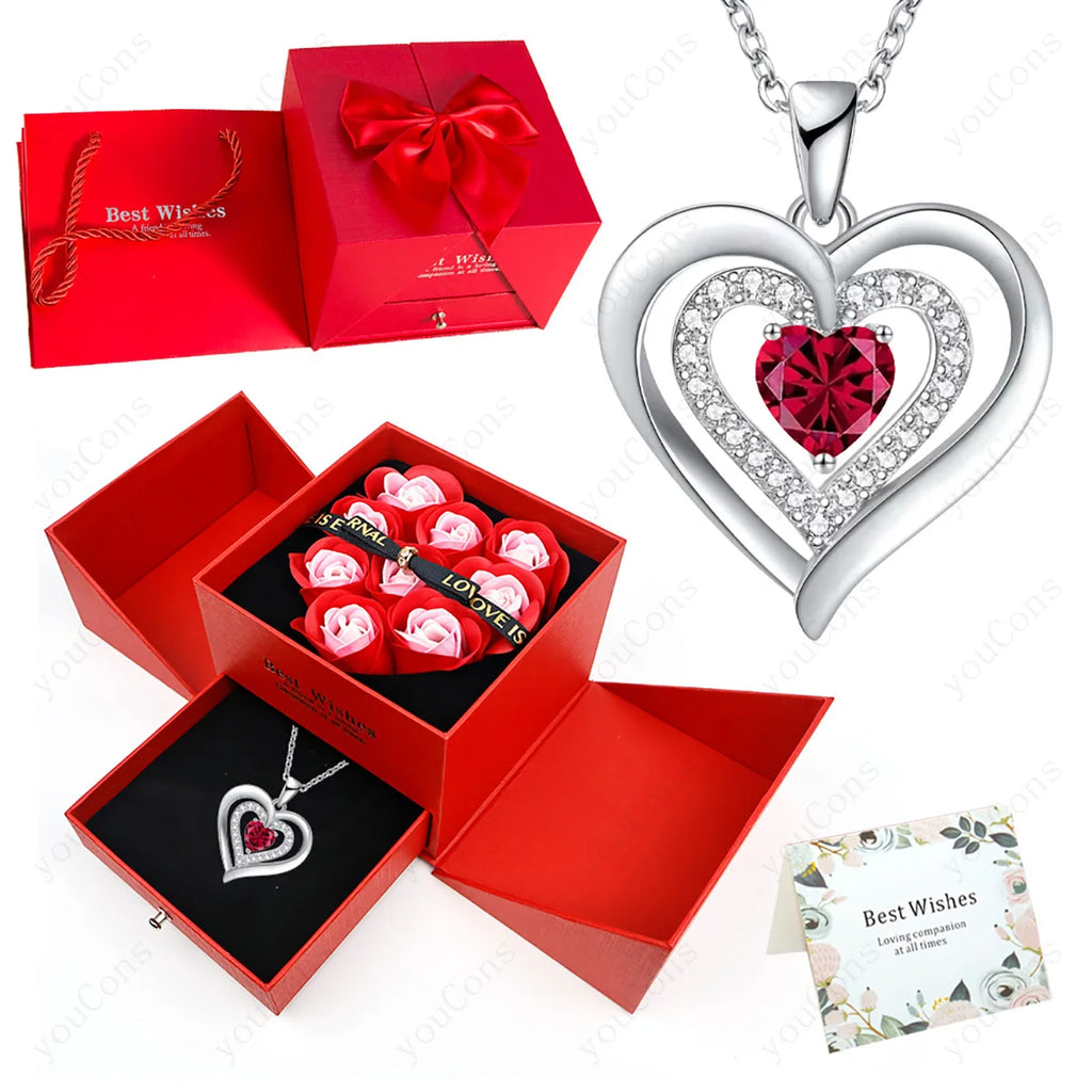 Heart Zircon Necklace Pendant With Rose Bow Gift Box 2025 Jewelry Set For Girlfriend Wife Valentine Christmas Birthday Surprise