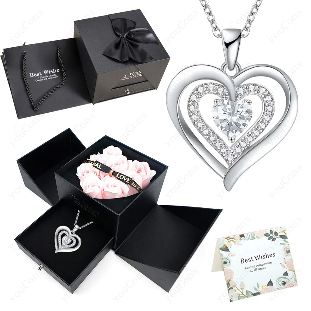 Heart Zircon Necklace Pendant With Rose Bow Gift Box 2025 Jewelry Set For Girlfriend Wife Valentine Christmas Birthday Surprise
