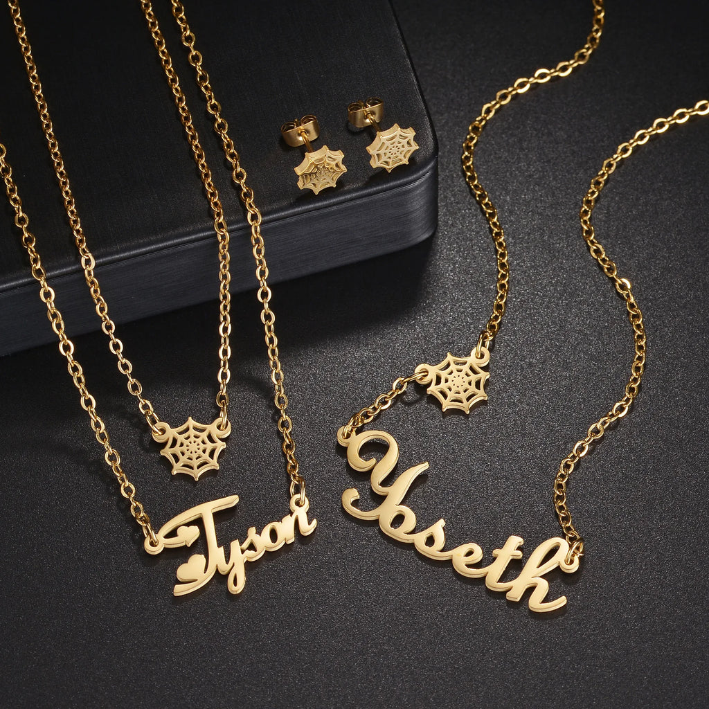 Customized Name Spider Web Necklace Earring Jewelry Sets for Women Kids Couples Stainless Steel Personalized Net Christmas Gift