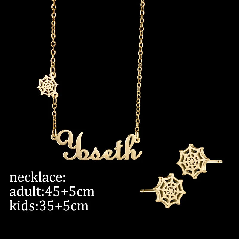 Customized Name Spider Web Necklace Earring Jewelry Sets for Women Kids Couples Stainless Steel Personalized Net Christmas Gift