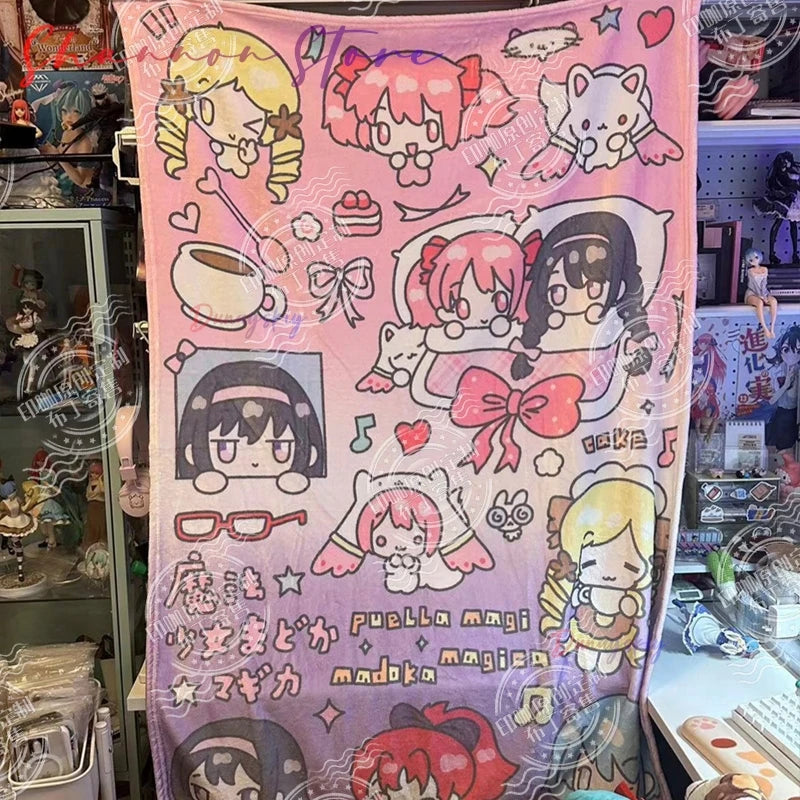 Anime Peripheral Soft Fleece Cute Daily Use Puella Magi Madoka Magica Flannel Nap Blanket - Chibi Character Design Girlish