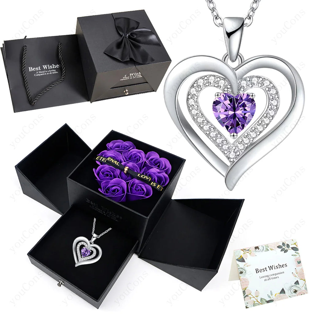 Heart Zircon Necklace Pendant With Rose Bow Gift Box 2025 Jewelry Set For Girlfriend Wife Valentine Christmas Birthday Surprise