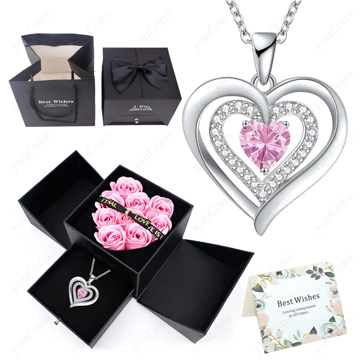 Heart Zircon Necklace Pendant With Rose Bow Gift Box 2025 Jewelry Set For Girlfriend Wife Valentine Christmas Birthday Surprise